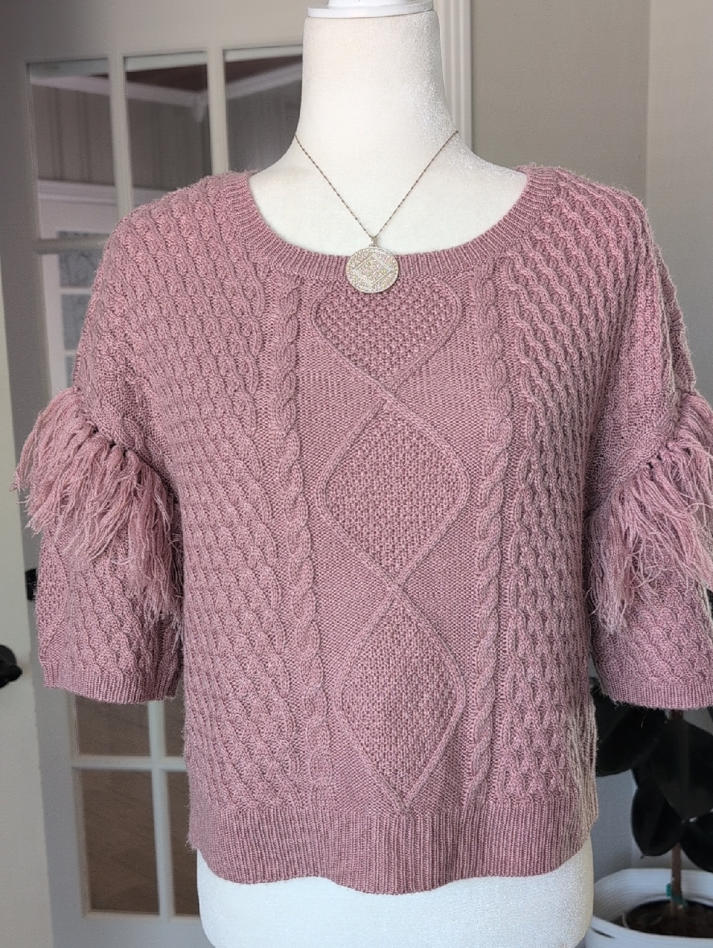 BB Dakota madden Fringe Out Dusty Rose Cable Knit Short Sleeve Sleeve Sweater L - Picture 4 of 10